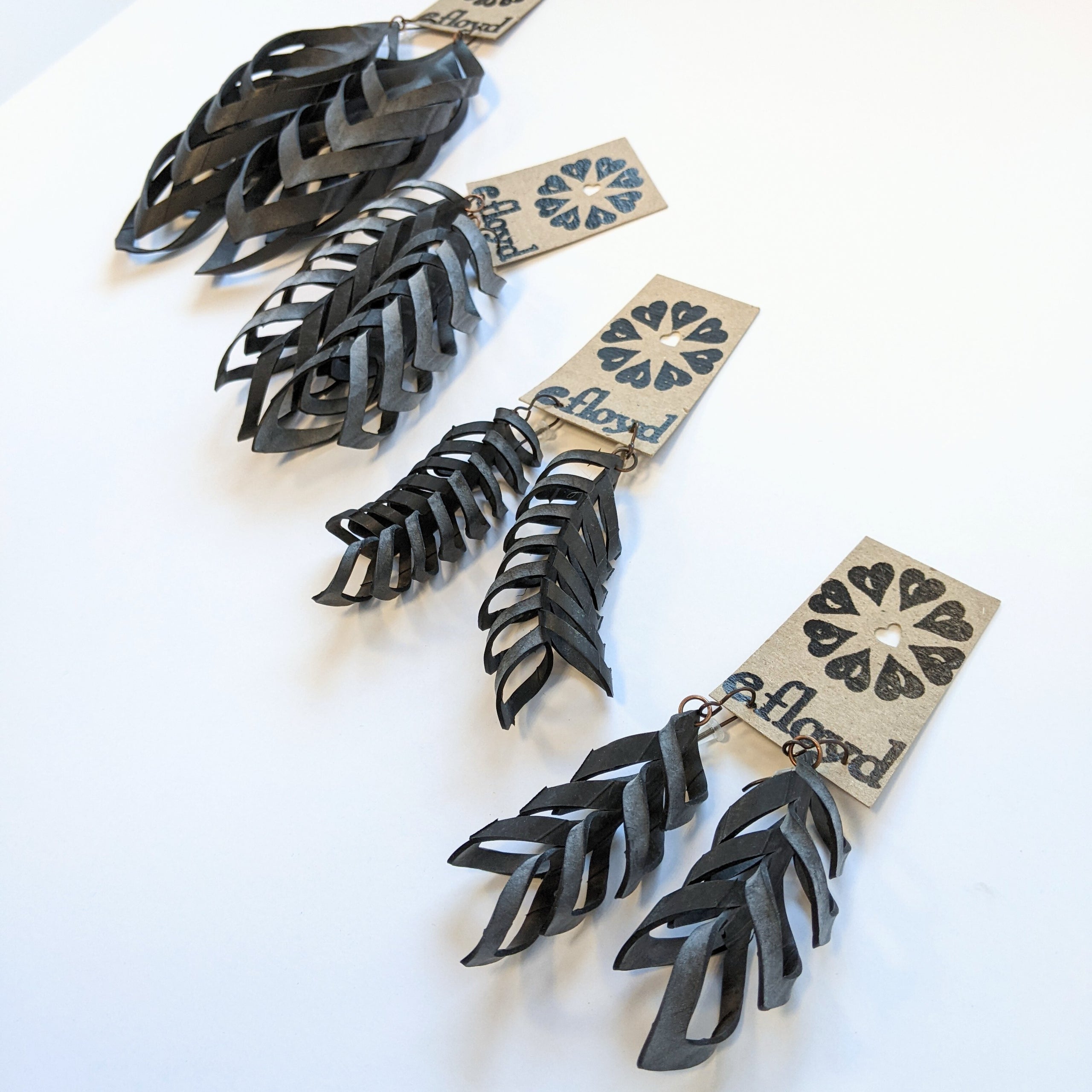 Upcycled Bike Tire Earrings Fishbone by Emily Floyd Recycled Bicycle Inner tube Made in Minneapolis Rethink Tailoring