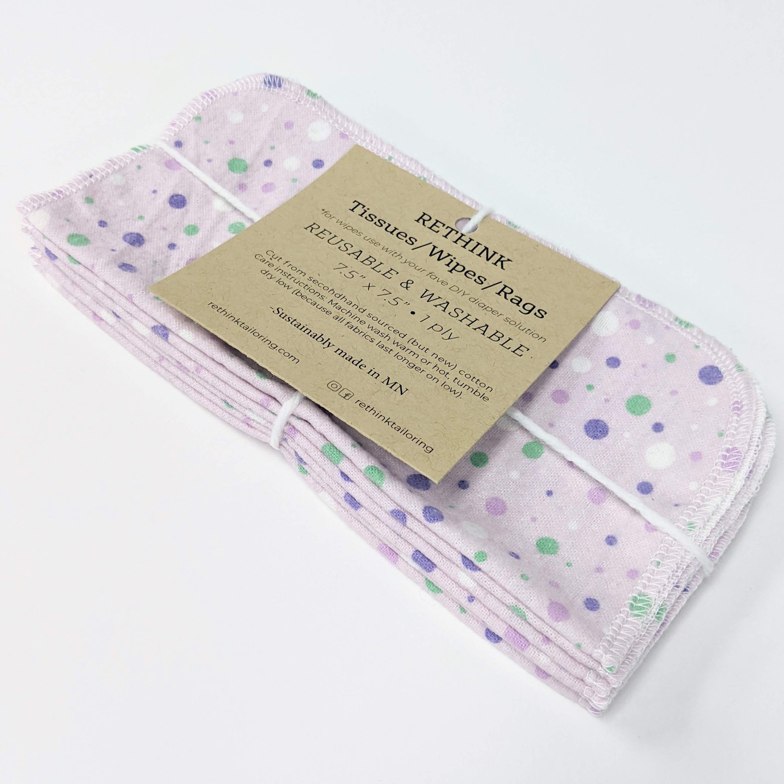 Rethink Tissue Wipes Rags 1 Ply Flannel Reusable Washable Tissue or Baby Wipes Zero Waste Living Made in Minneapolis