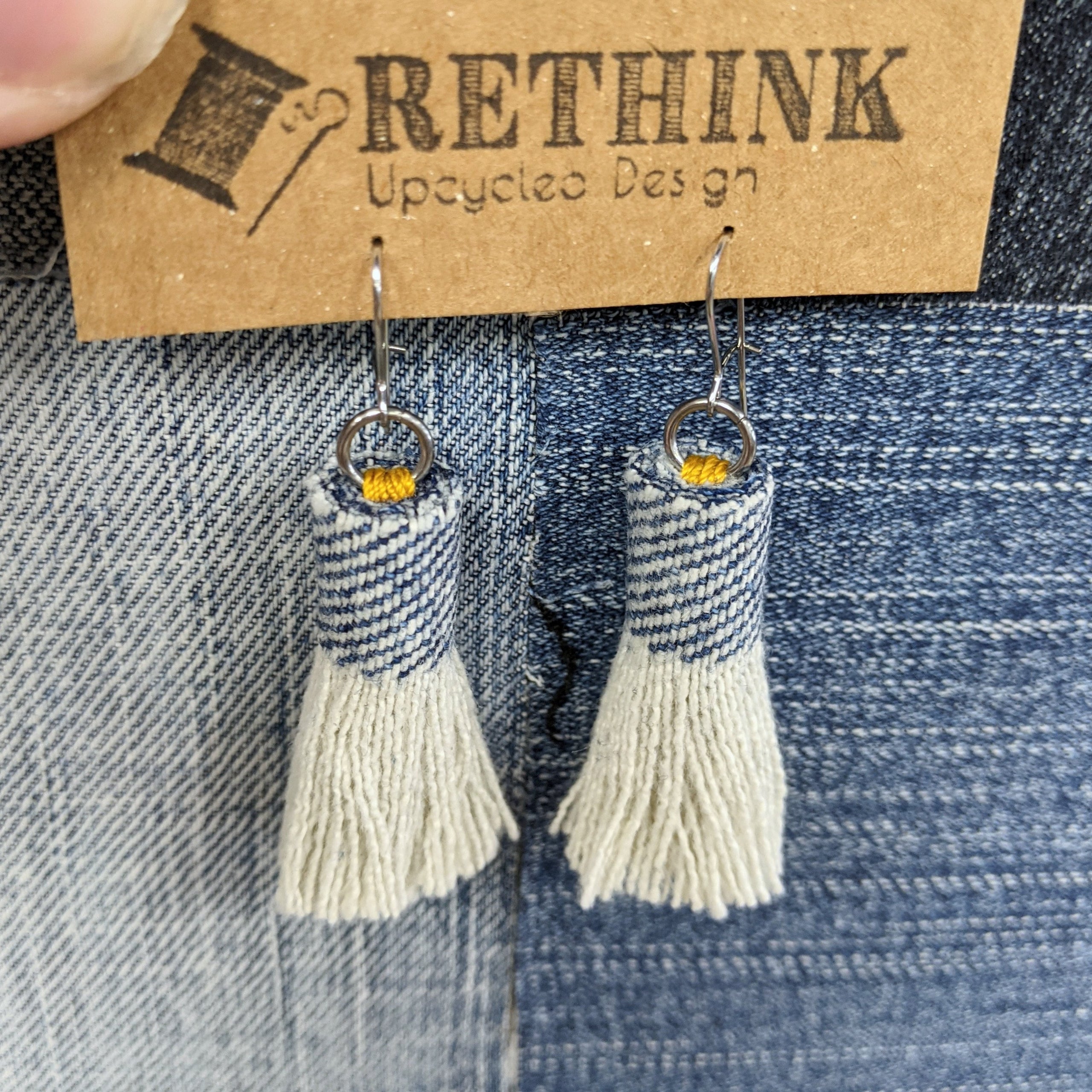 Upcycled Utility Denim Tassel Roll Earrings from Damaged Denim by Kristen Rethink Tailoring